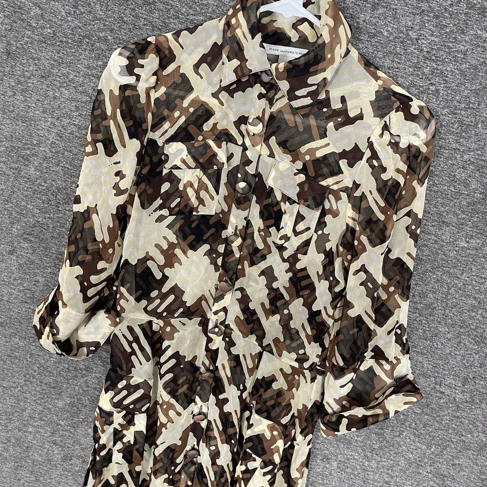 DIANE VON FURSTENBERG HILLEVI‎ SHEER SILK GRAPHIC BUTTON FRONT BELTED MIDI DRESS